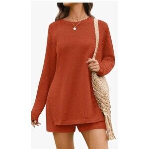 NENONA Women's XL Orange Two Piece Outfit Long Sleeve Tunic Sweater & Shorts